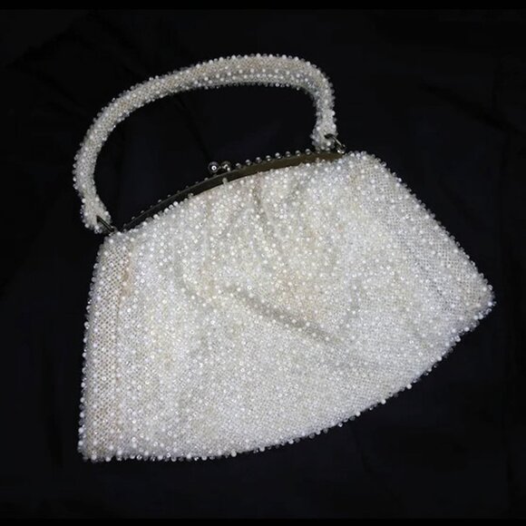 Vintage White Beaded Handbag With Clear Beads, Top Handle Purse VFG - Picture 10 of 15